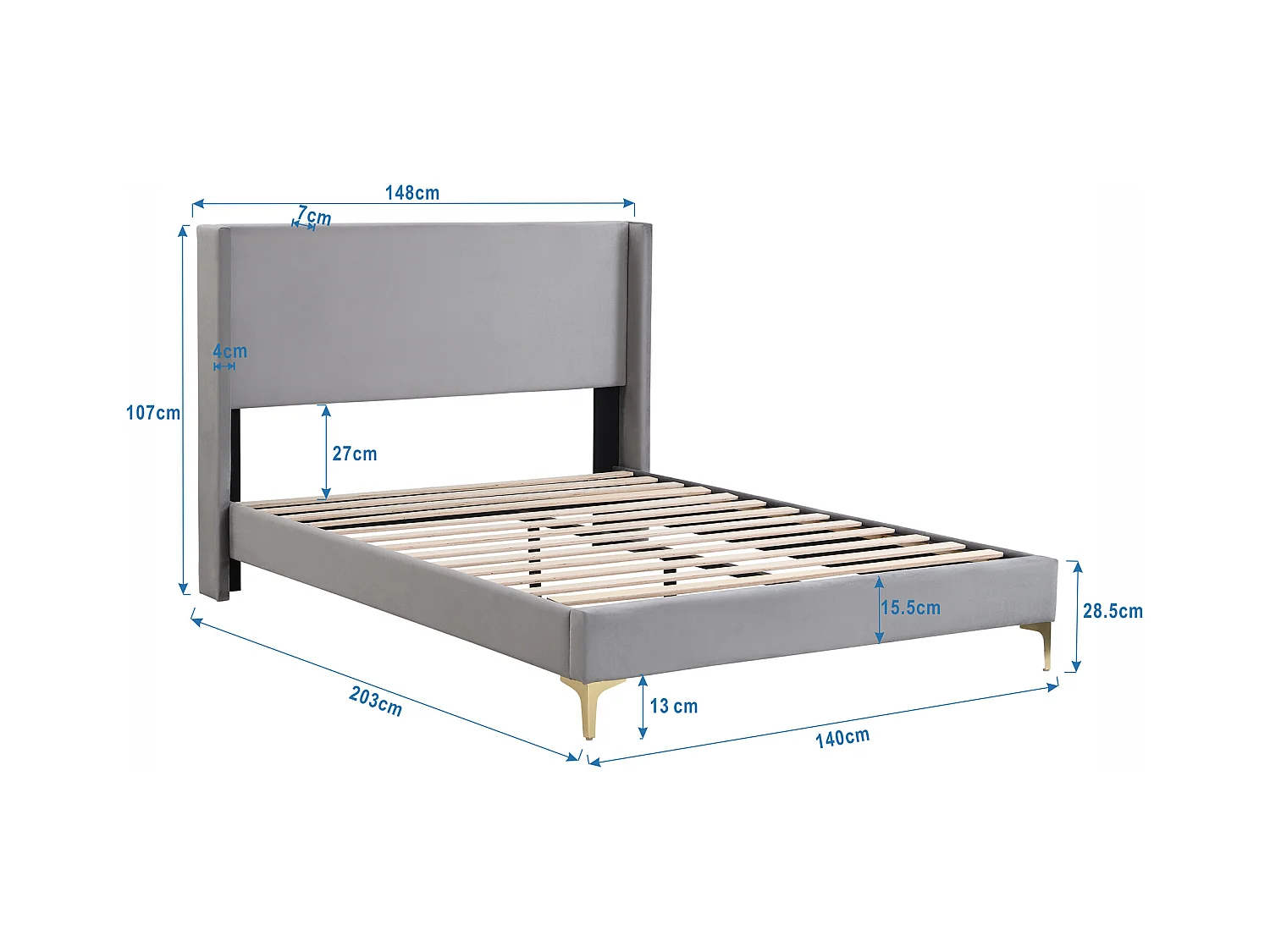 Lit adulte 140x200 cm avec sommier - Tête de lit haute - Velours gris(sans matelas)