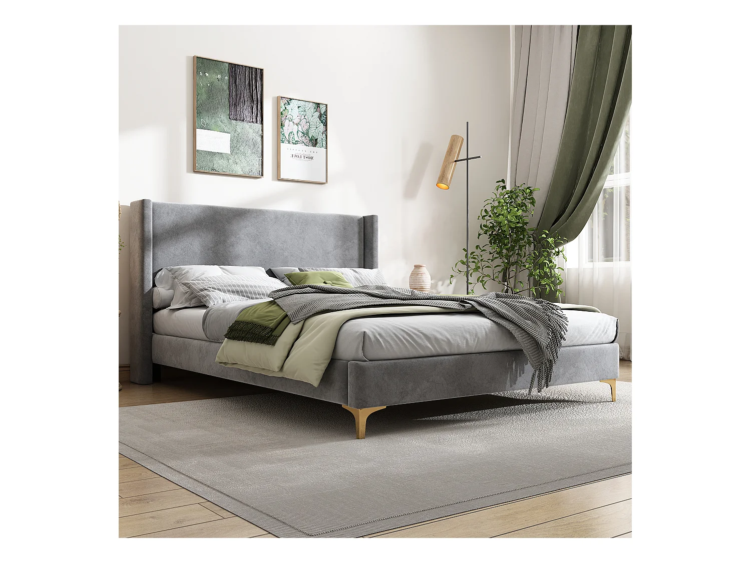 Lit adulte 140x200 cm avec sommier - Tête de lit haute - Velours gris(sans matelas)