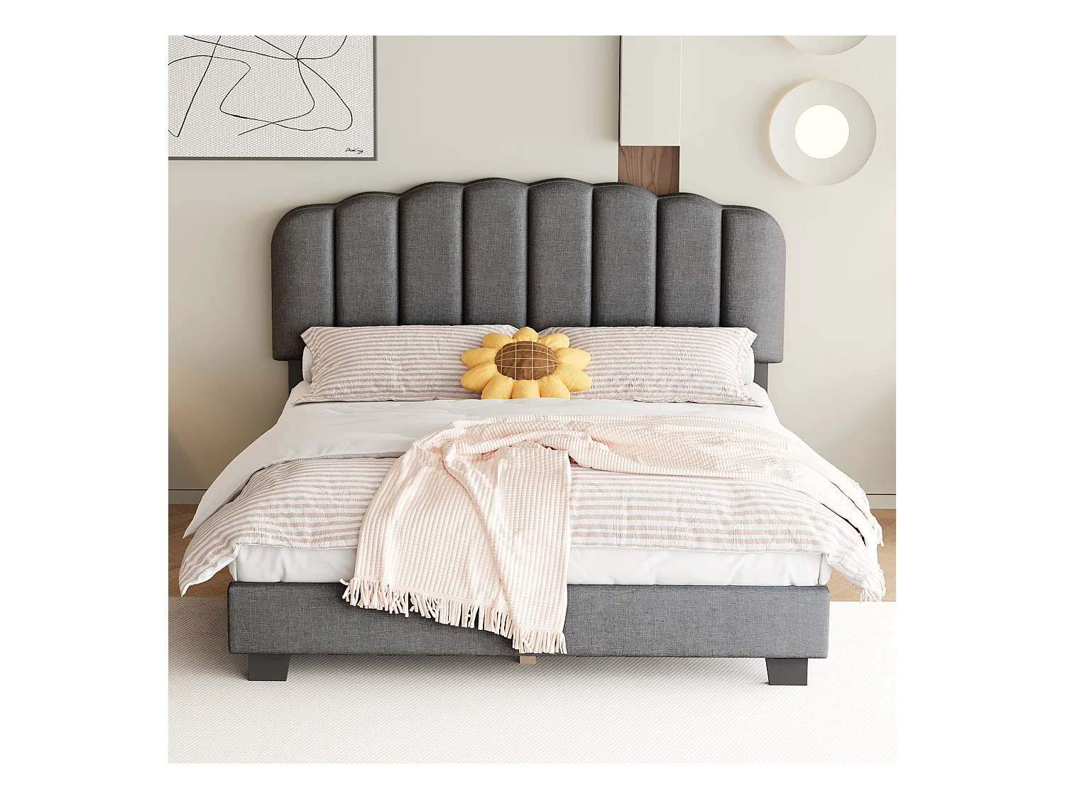 Lit adulte 140x200 cm avec sommier à lattes ,tête de lit réglable, en lin Gris(sans matelas)