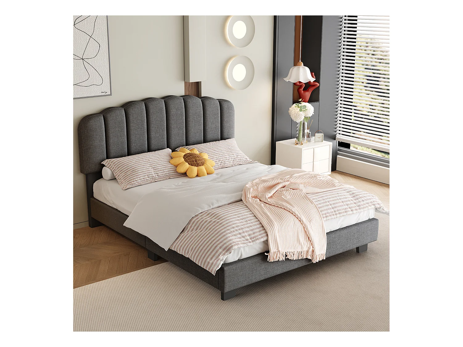 Lit adulte 140x200 cm avec sommier à lattes ,tête de lit réglable, en lin Gris(sans matelas)