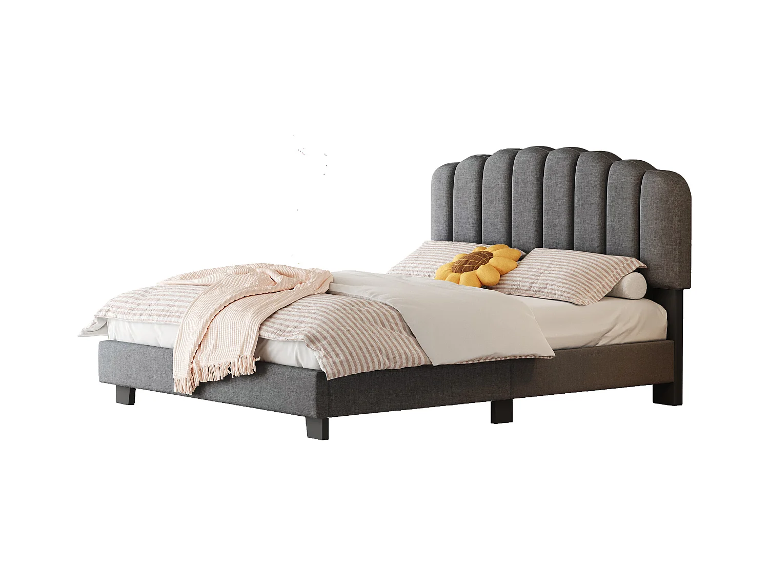 Lit adulte 140x200 cm avec sommier à lattes ,tête de lit réglable, en lin Gris(sans matelas)