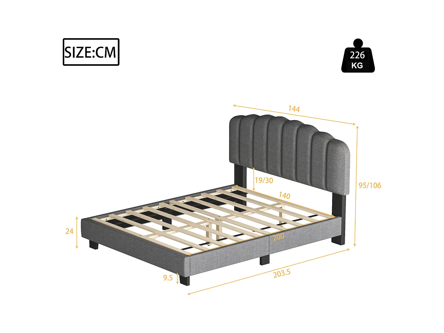 Lit adulte 140x200 cm avec sommier à lattes ,tête de lit réglable, en lin Gris(sans matelas)