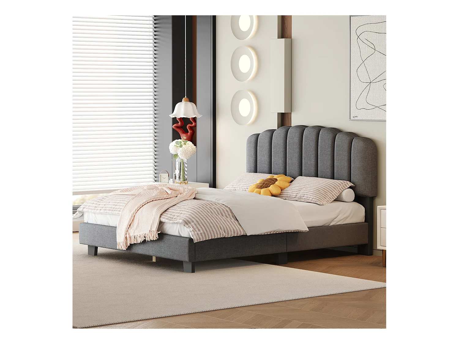 Lit adulte 140x200 cm avec sommier à lattes ,tête de lit réglable, en lin Gris(sans matelas)