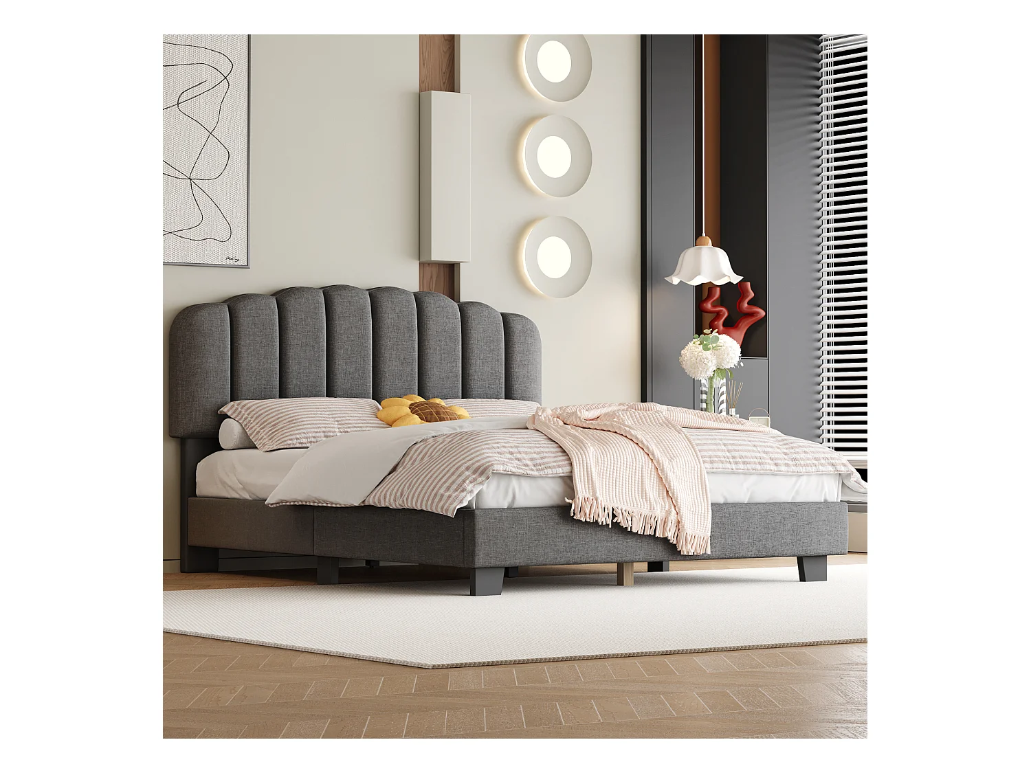 Lit adulte 140x200 cm avec sommier à lattes ,tête de lit réglable, en lin Gris(sans matelas)