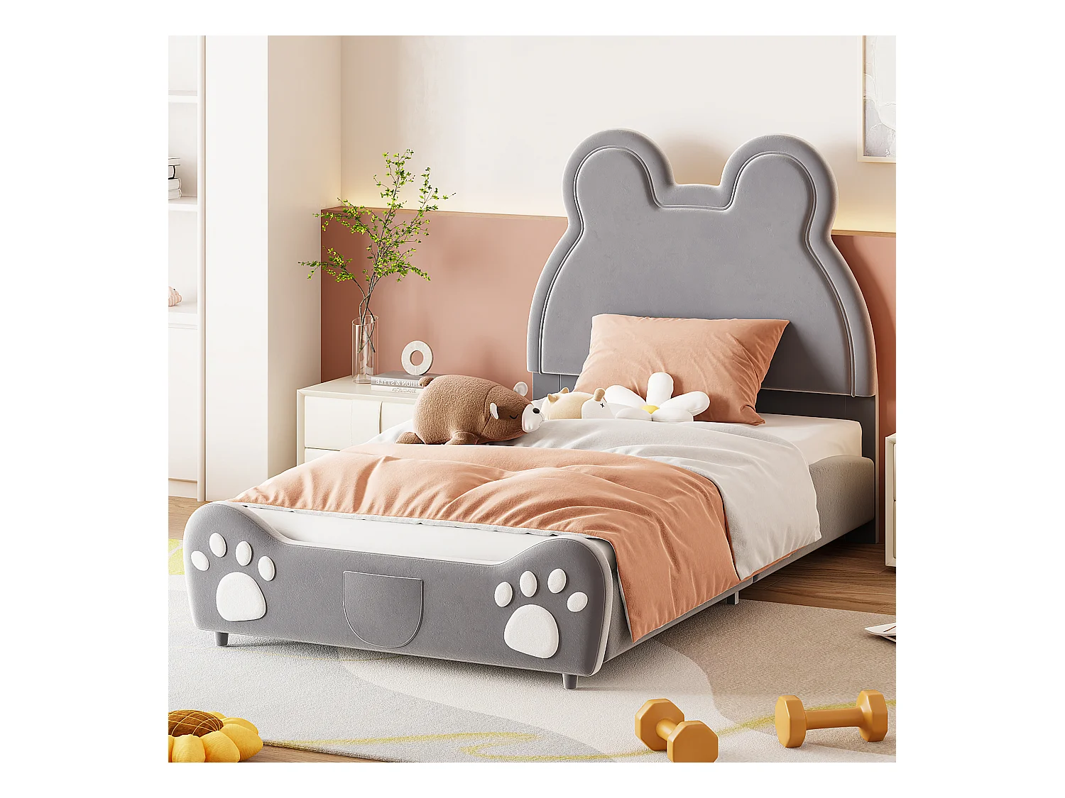 Lit enfant 90x200 cm en velours gris - Lit simple en forme d'ours(sans matelas)