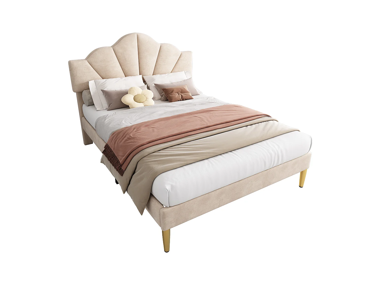 Lit double 140x200 cm - Tête de lit coquillage réglable - Velours beige, pieds dorés (sans matelas)