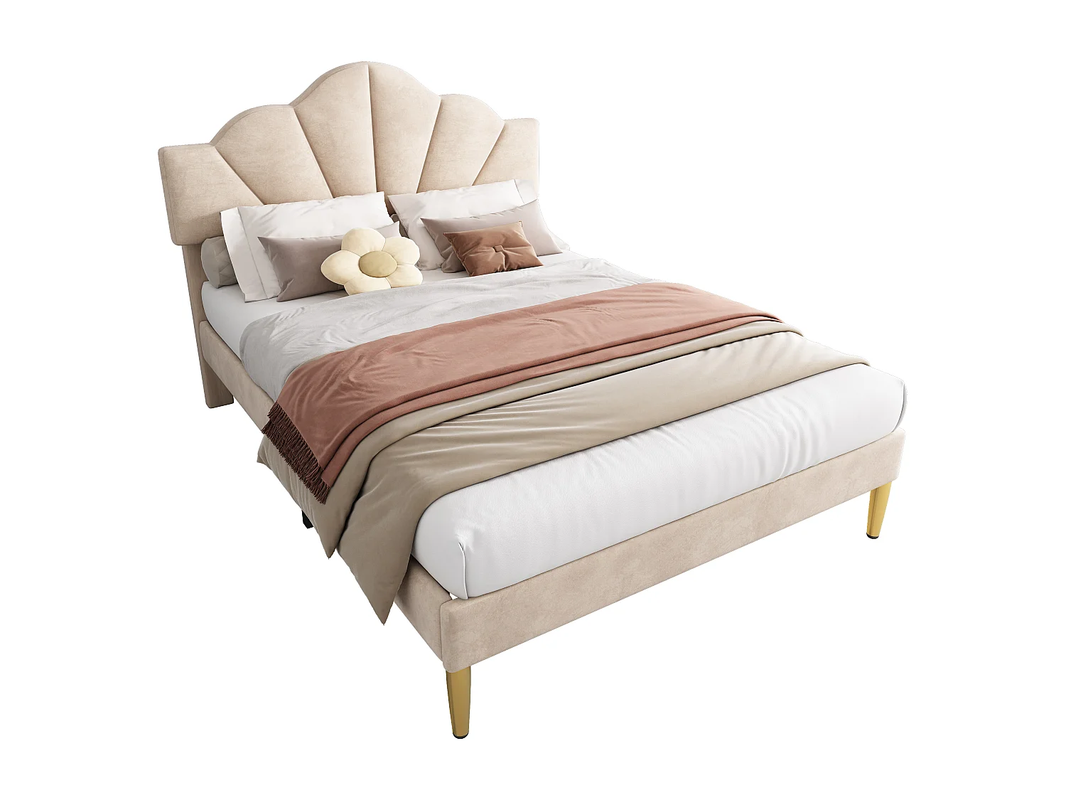 Cama de casal 140x200 cm - Cabeceira ajustável em forma de concha - Veludo bege, pés dourados (sem colchão)