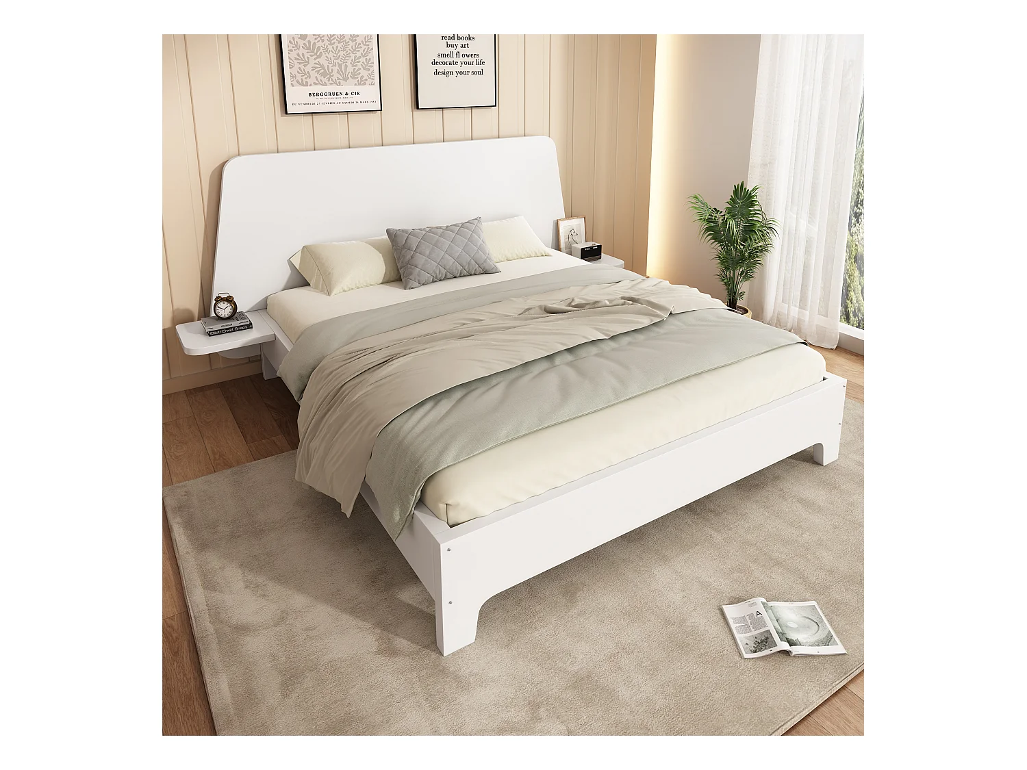 Cama doble de madera 160x200 cm – Cabecero con estantes laterales – Blanco (sin colchón)