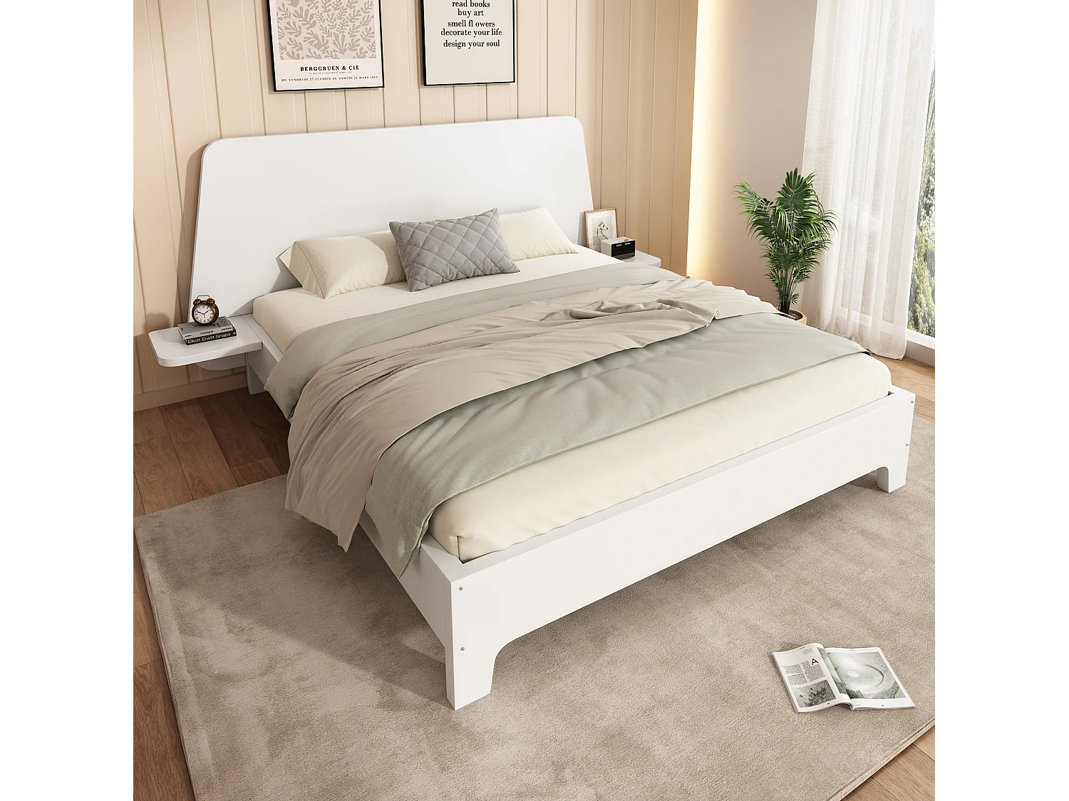 Lit adulte en bois 160x200 cm - Tête de lit avec tablettes latérales - Blanc (sans matelas)