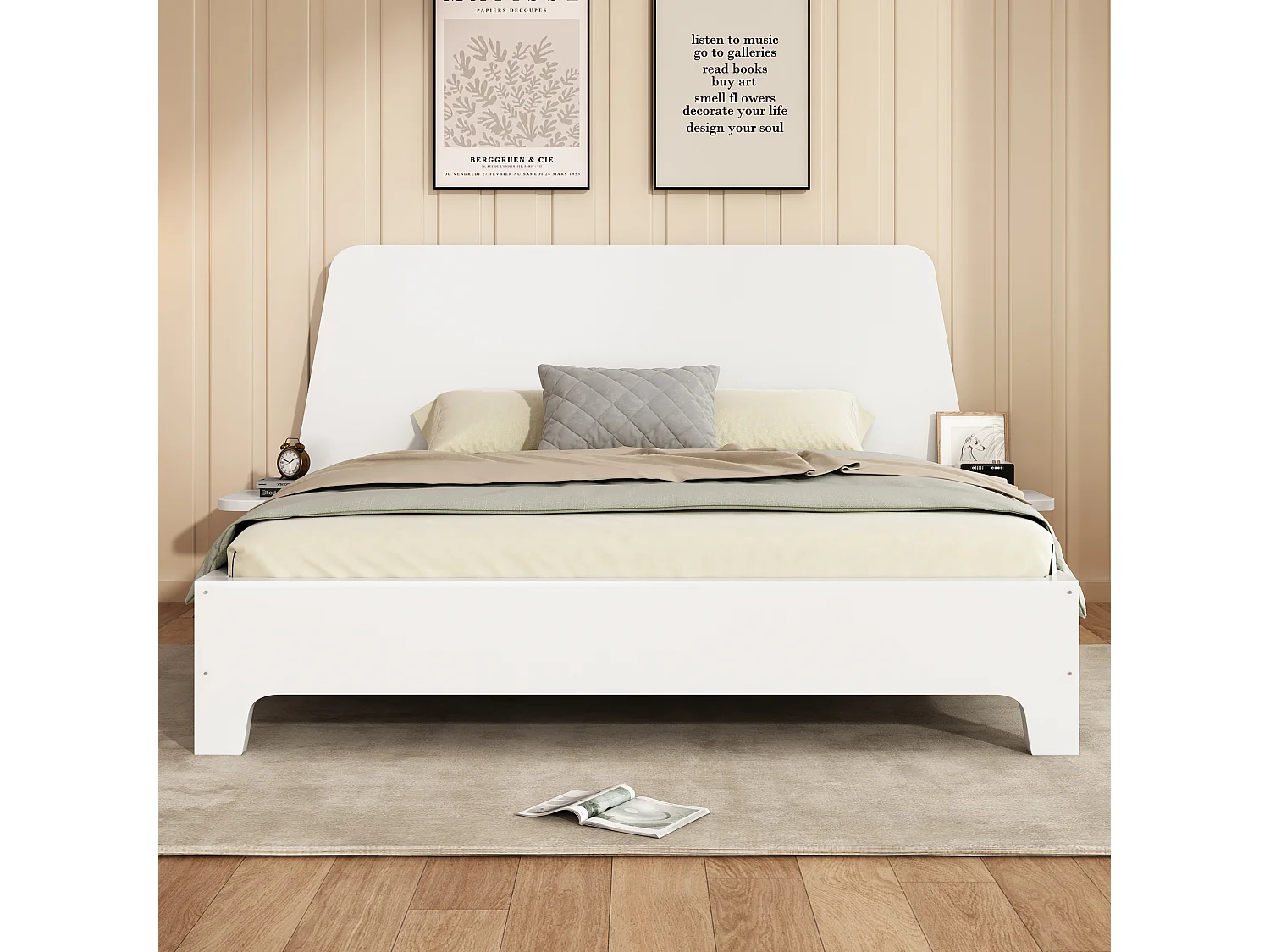 Lit adulte en bois 160x200 cm - Tête de lit avec tablettes latérales - Blanc (sans matelas)
