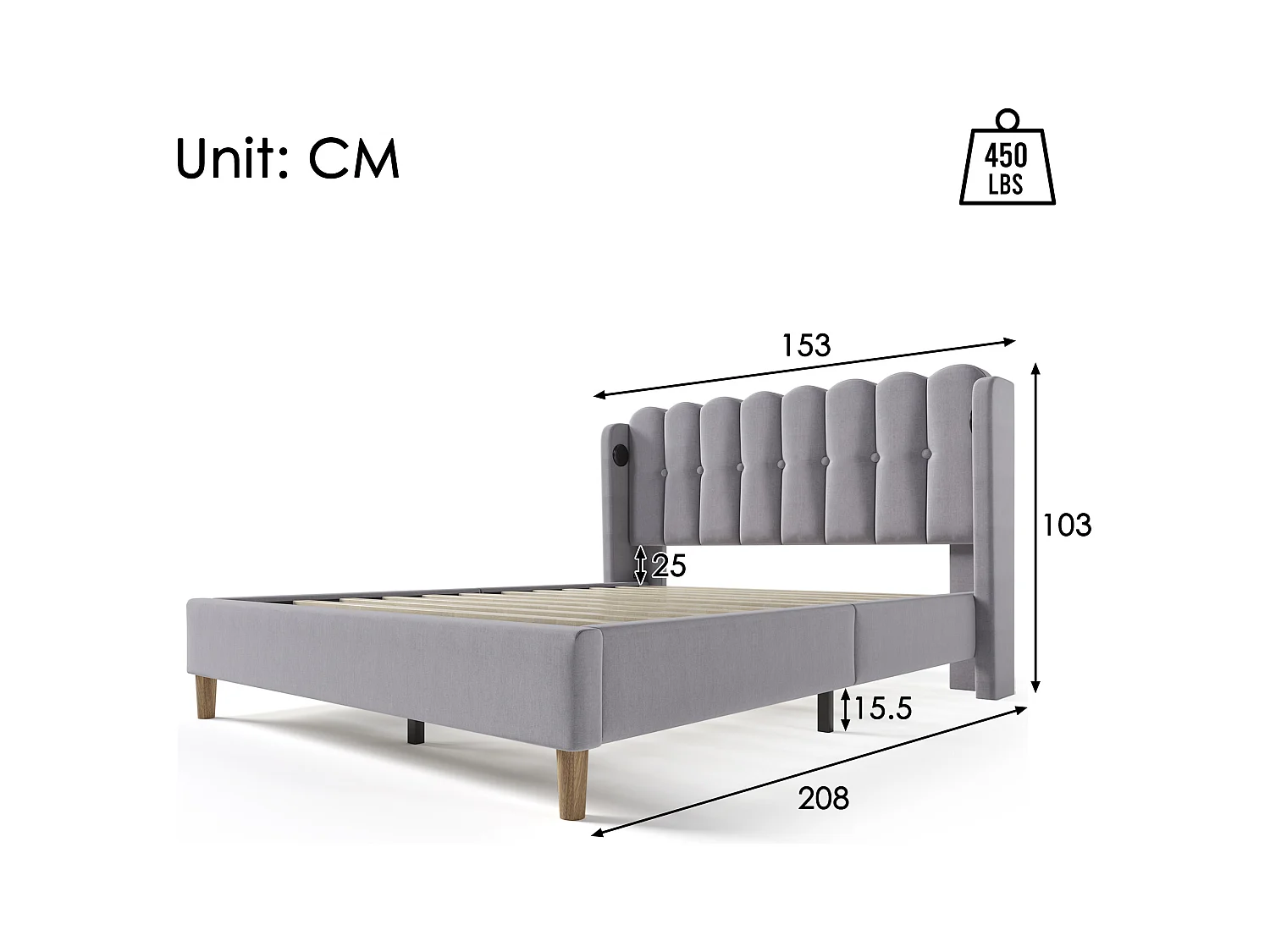 Lit adulte 140x200 cm avec USB Type-C, cadre avec sommier à lattes, en lin Gris(sans matelas)