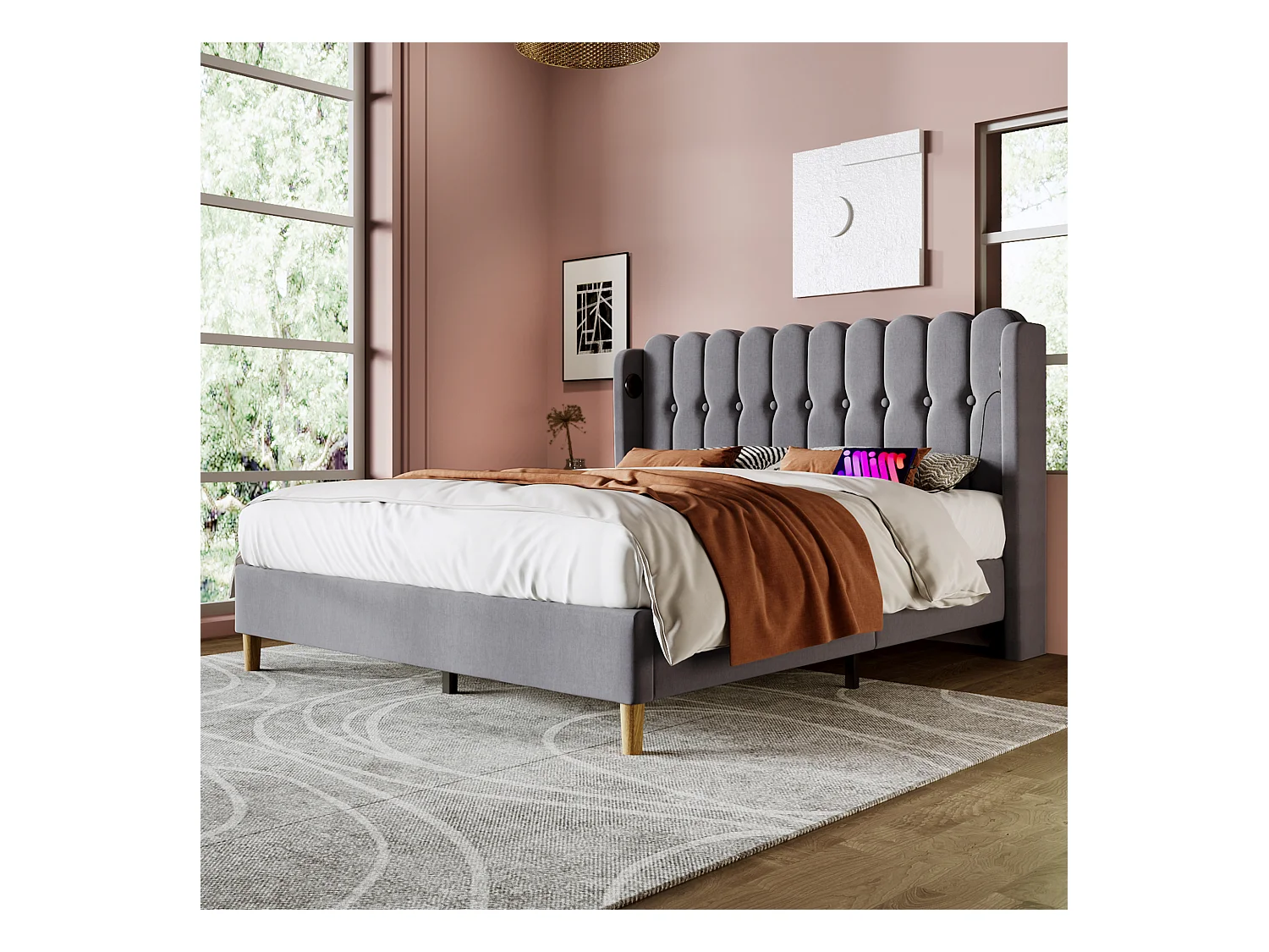 Lit adulte 140x200 cm avec USB Type-C, cadre avec sommier à lattes, en lin Gris(sans matelas)