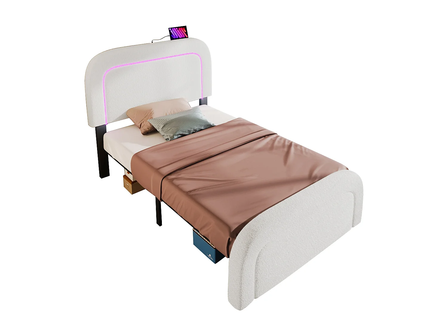 Lit enfant 90x200 cm avec USB et LED, tête de lit réglable, sommier en bois, blanc Sherpa (sans matelas)