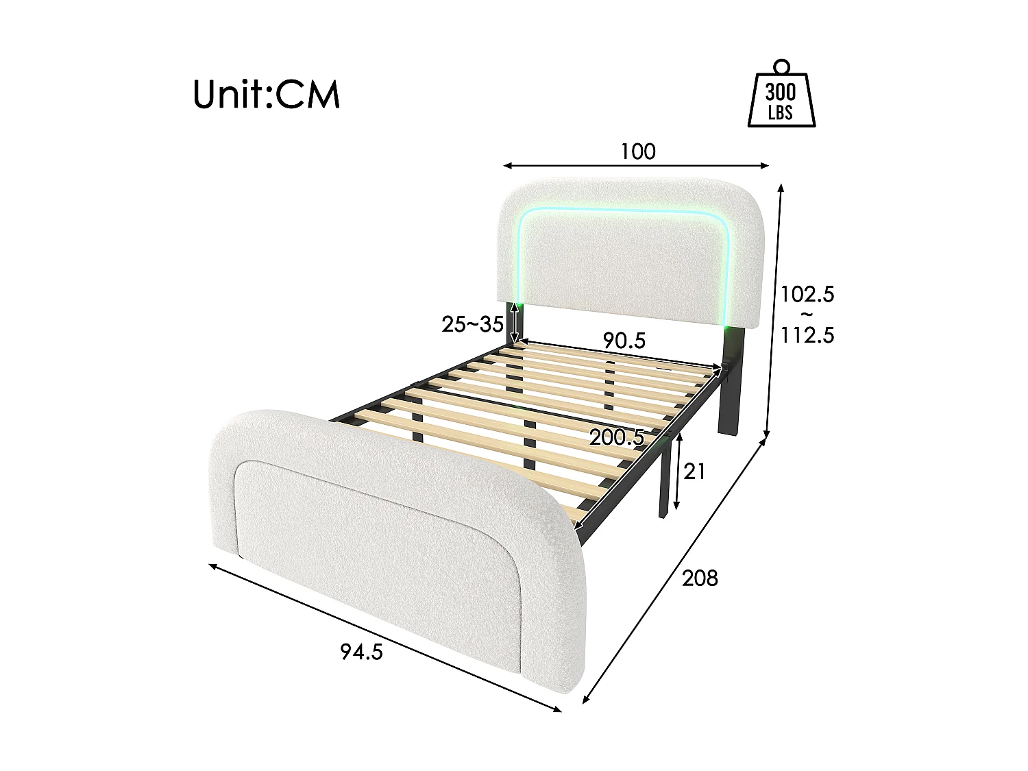 Lit enfant 90x200 cm avec USB et LED, tête de lit réglable, sommier en bois, blanc Sherpa (sans matelas)