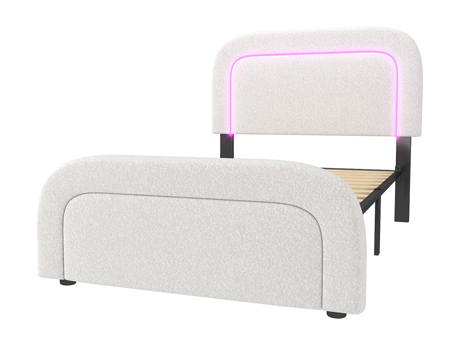 Lit enfant 90x200 cm avec USB et LED, tête de lit réglable, sommier en bois, blanc Sherpa (sans matelas)