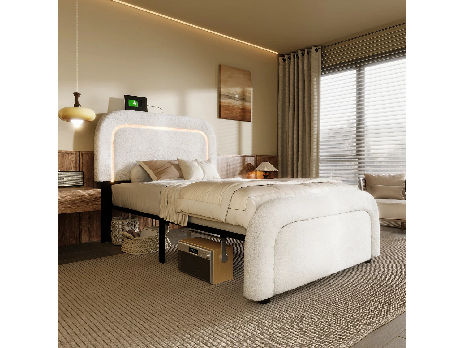 Lit enfant 90x200 cm avec USB et LED, tête de lit réglable, sommier en bois, blanc Sherpa (sans matelas)