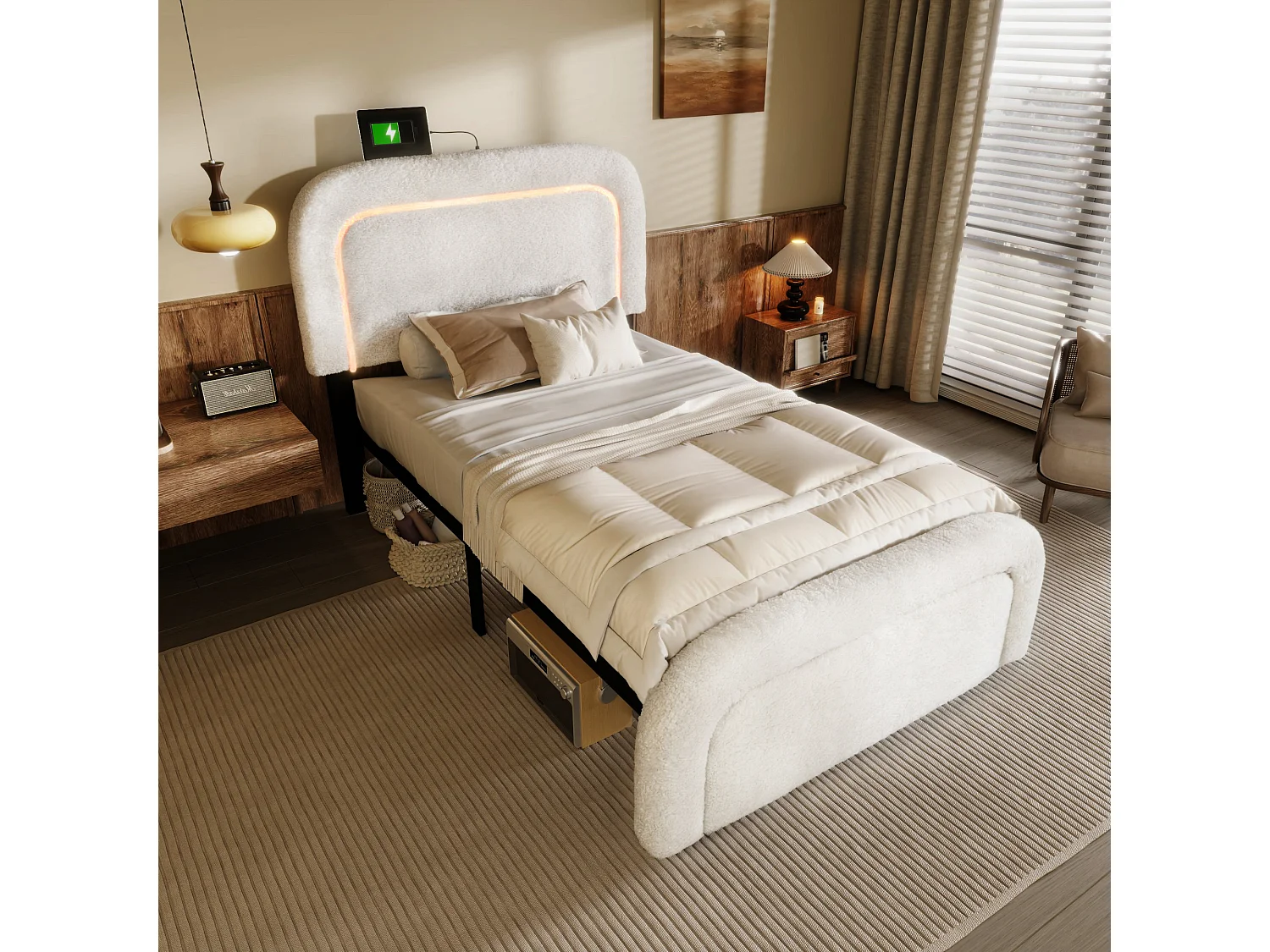 Lit enfant 90x200 cm avec USB et LED, tête de lit réglable, sommier en bois, blanc Sherpa (sans matelas)