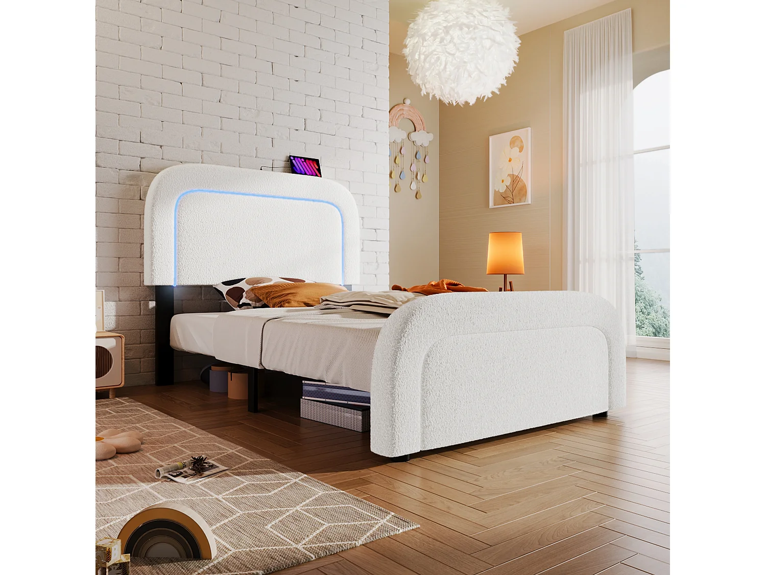 Lit enfant 90x200 cm avec USB et LED, tête de lit réglable, sommier en bois, blanc Sherpa (sans matelas)