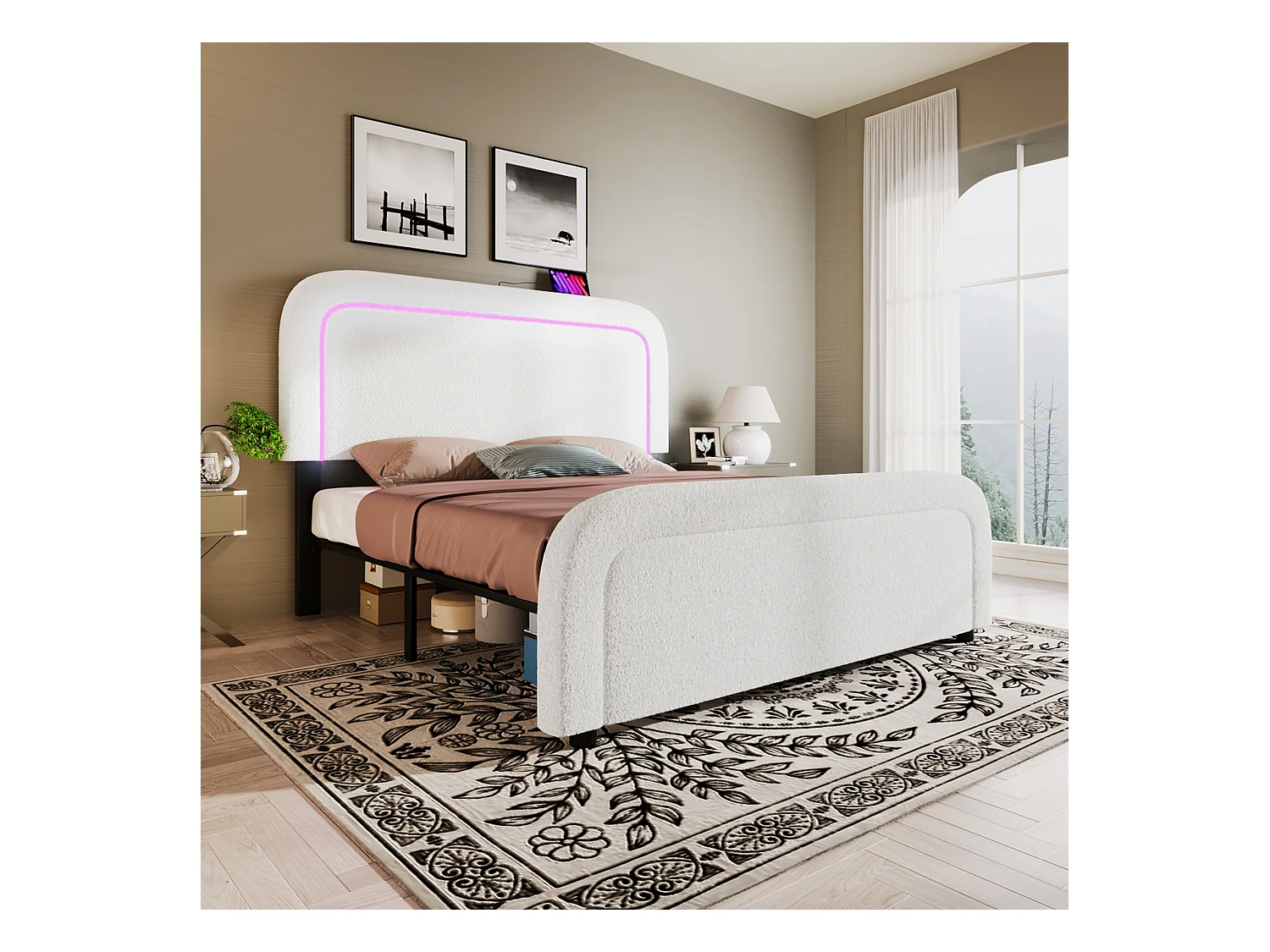 Cama de casal 140x200 cm com USB Tipo-C e iluminação LED - Sherpa branco (sem colchão)
