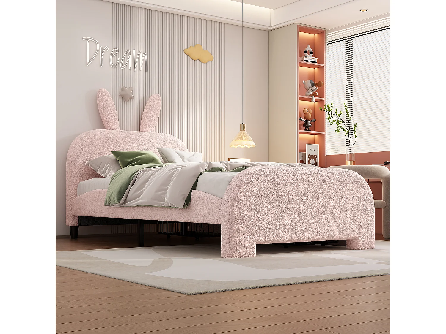 Cama infantil 90x200 cm con forma de conejo y 2 cajones – Rosa (sin colchón)