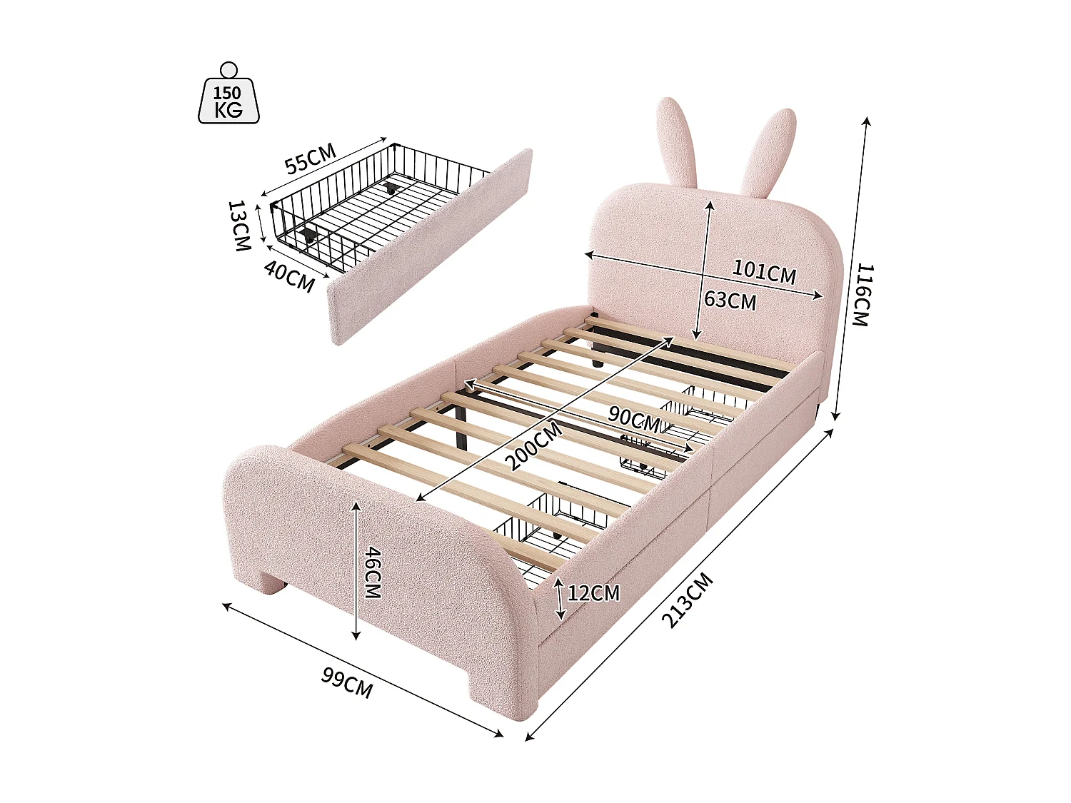 Cama infantil 90x200 cm con forma de conejo y 2 cajones – Rosa (sin colchón)