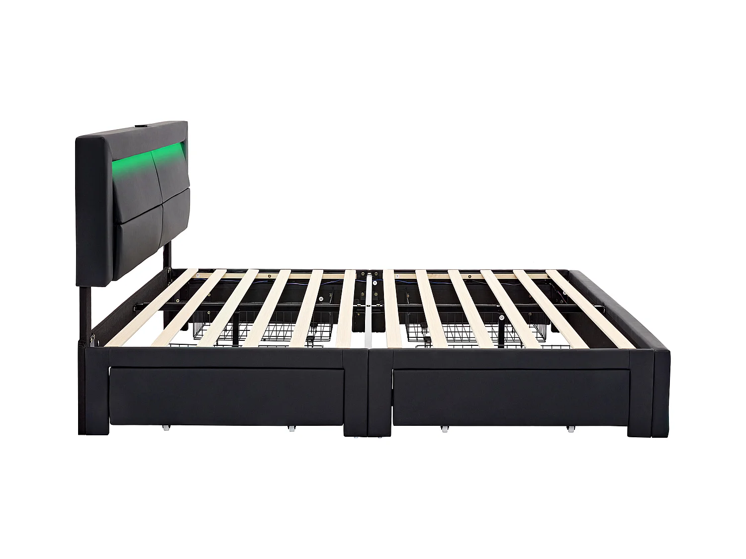Cama doble 140x200 cm con 4 cajones - LED y carga USB inalámbrica - negro (sin colchón)