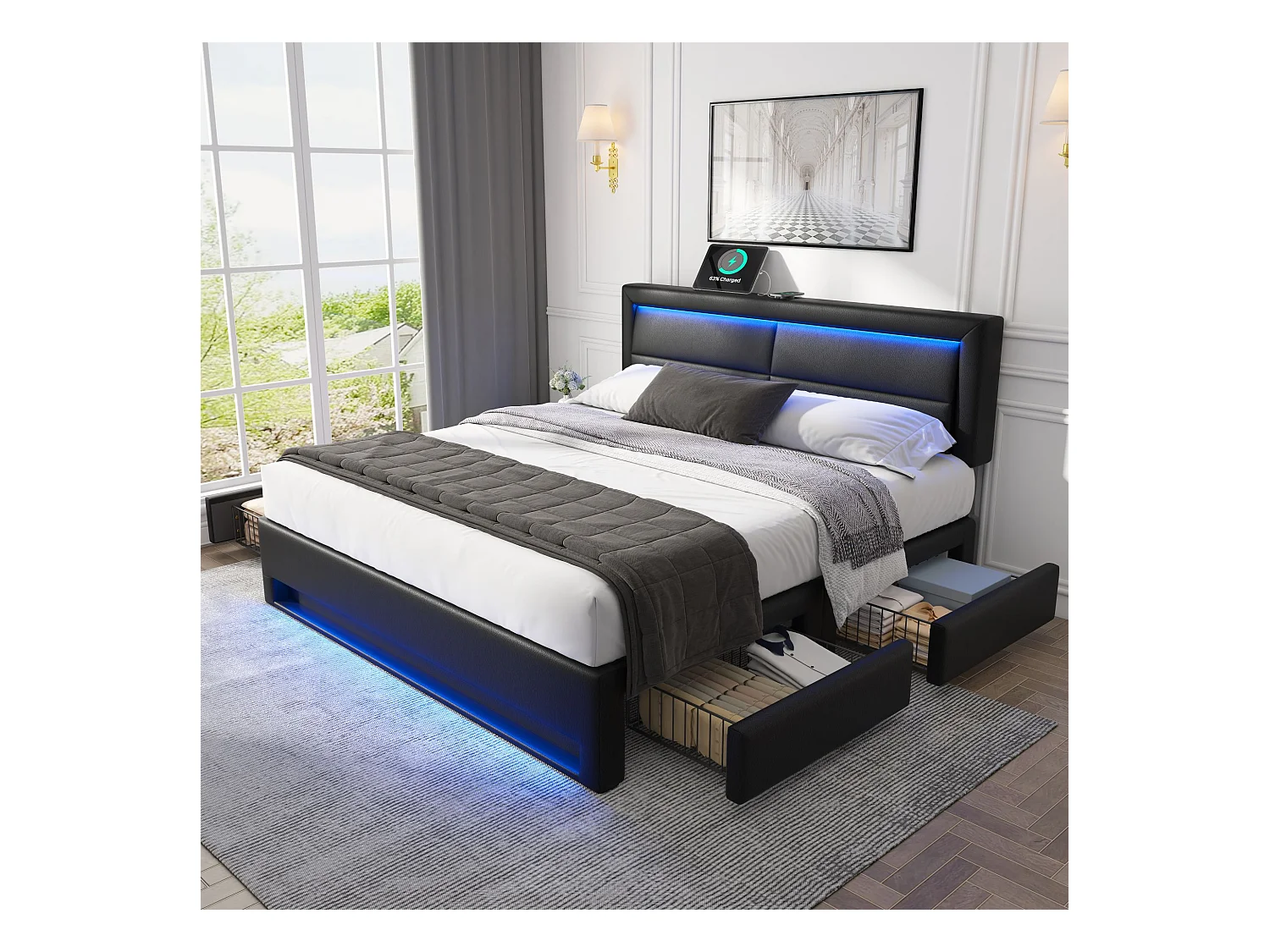 Lit adulte 140x200 cm avec 4 tiroirs, LED et charge USB sans fil, PU Noir, sans matelas