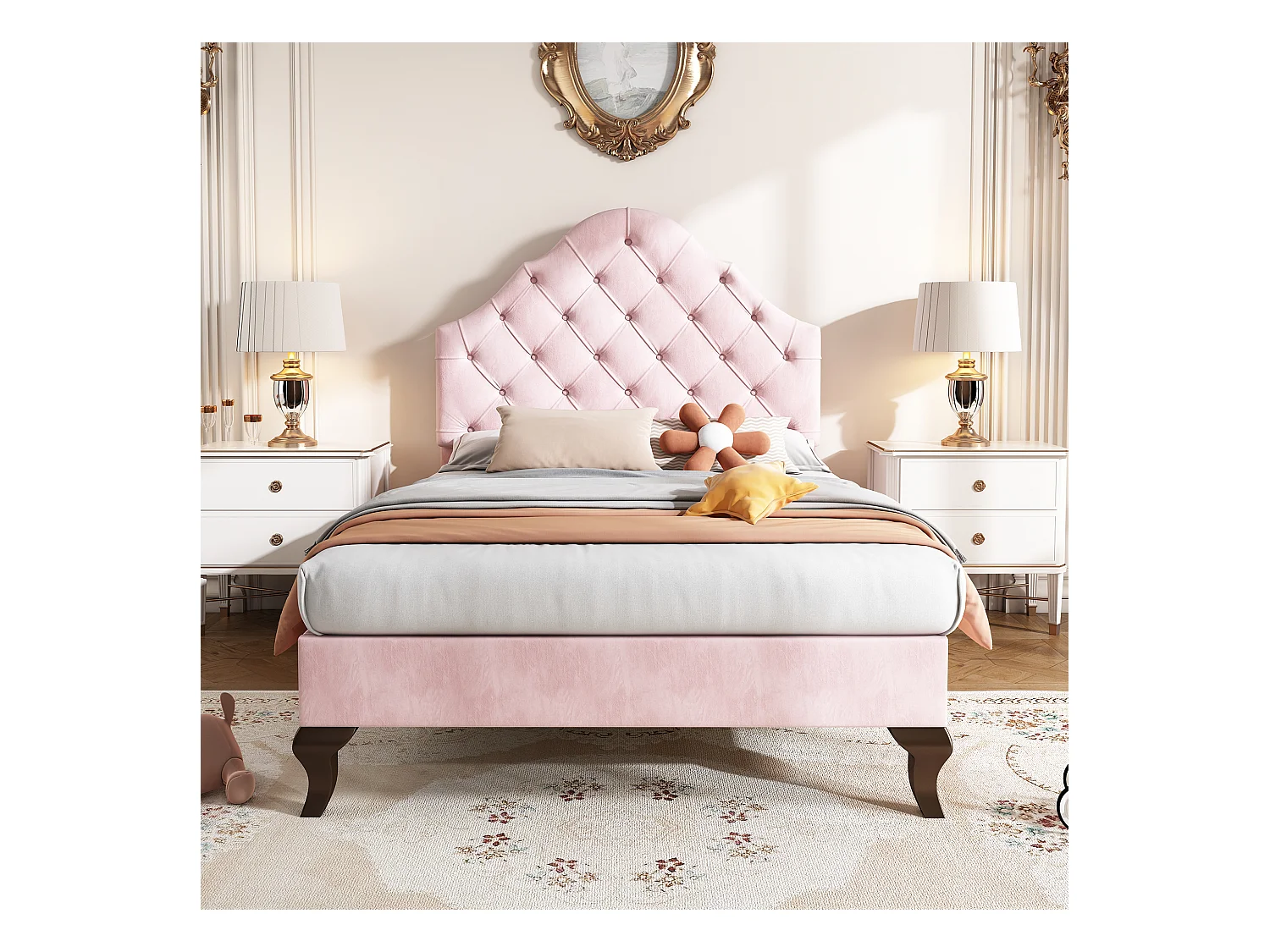 Letto singolo per bambini 90x200 cm in velluto rosa con testiera regolabile e rete a doghe (senza materasso)