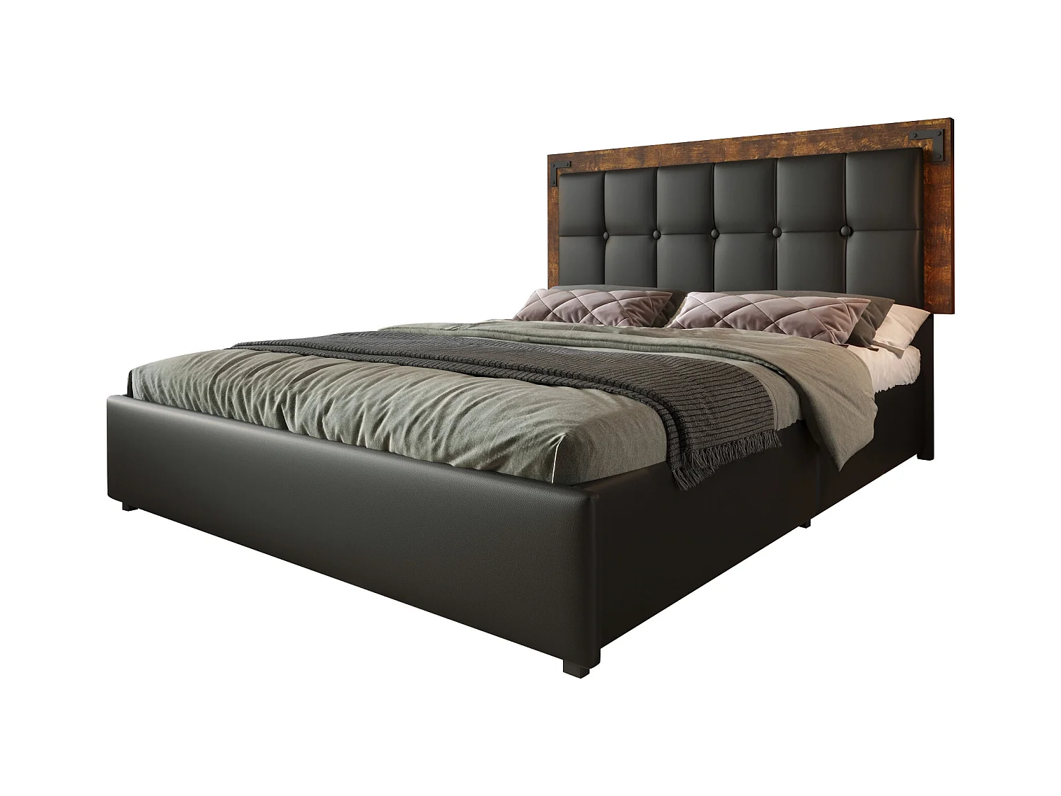 Letto matrimoniale 160x200 cm con barra LED e 4 cassetti, testiera regolabile - PU nero (senza materasso)