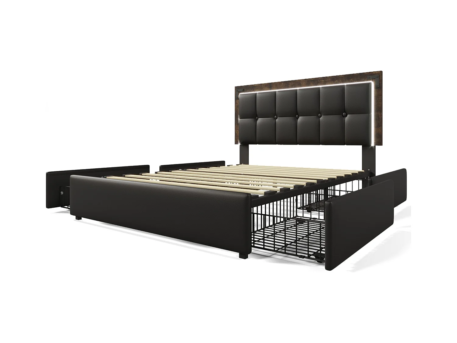 Lit adulte 160x200 cm avec barre lumineuse LED et 4 tiroirs, tête de lit réglable - PU Noir (sans matelas)