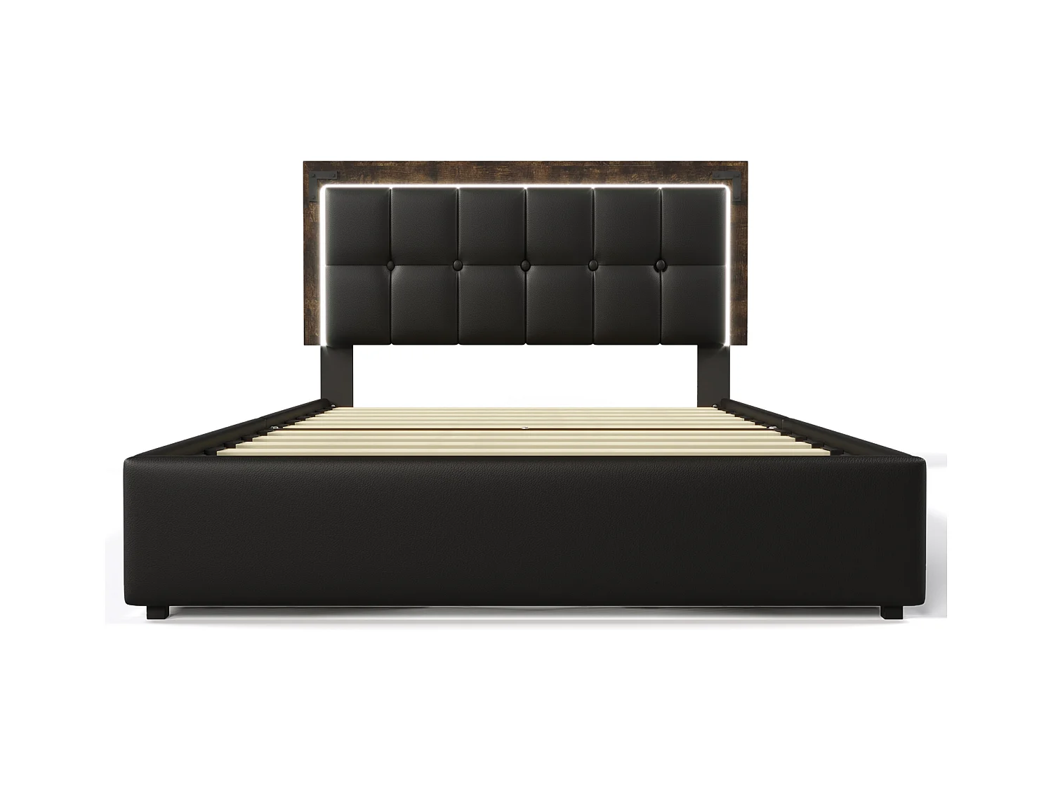 Lit adulte 160x200 cm avec barre lumineuse LED et 4 tiroirs, tête de lit réglable - PU Noir (sans matelas)