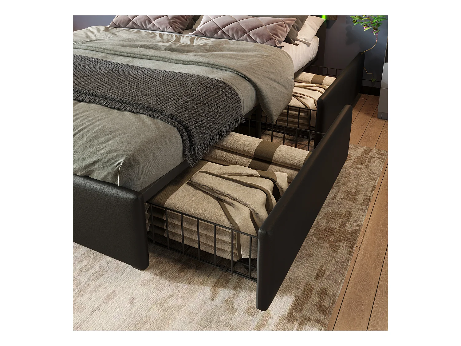 Lit adulte 160x200 cm avec barre lumineuse LED et 4 tiroirs, tête de lit réglable - PU Noir (sans matelas)