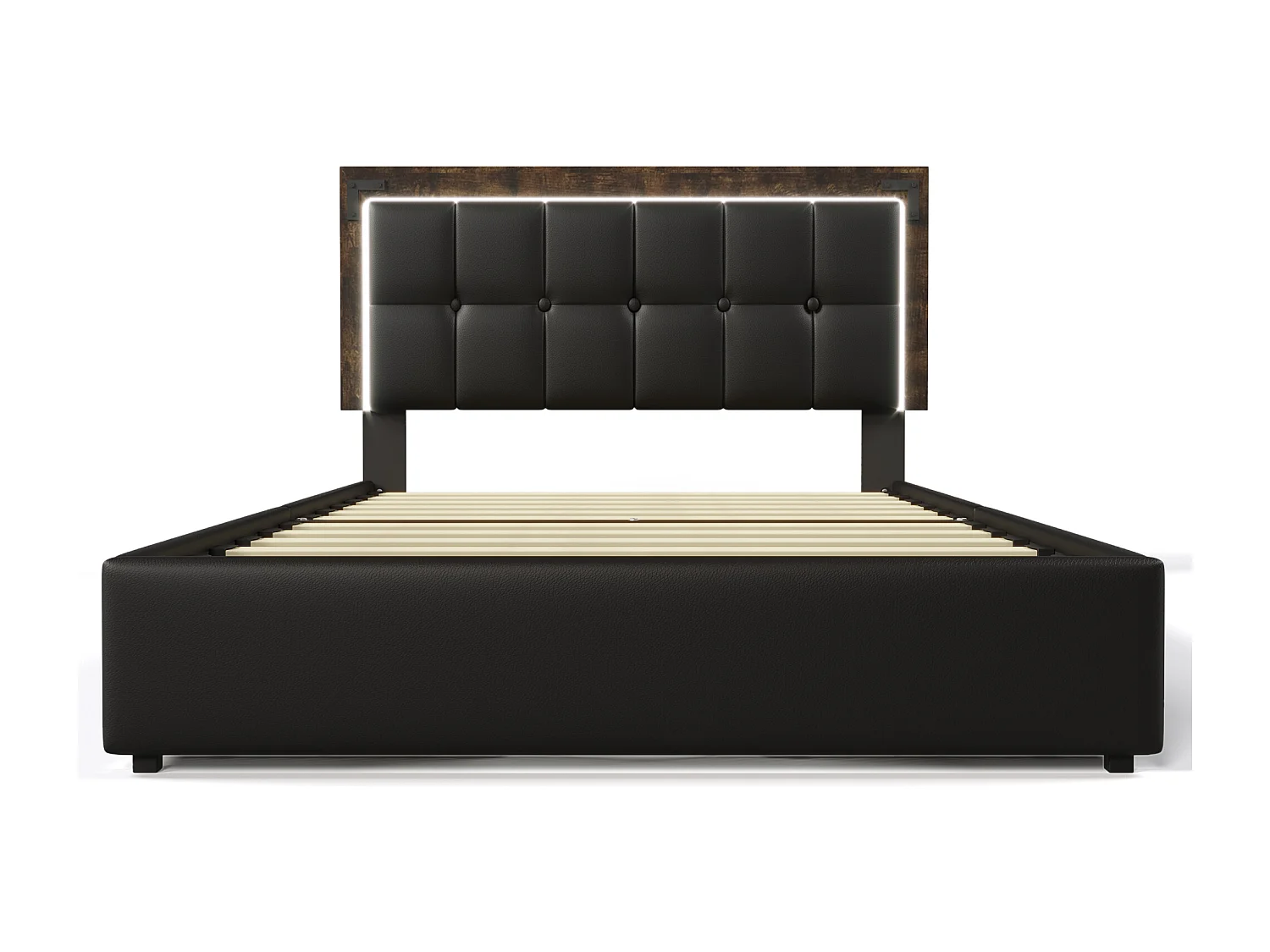 Lit adulte 160x200 cm avec barre lumineuse LED et 4 tiroirs, tête de lit réglable - PU Noir (sans matelas)