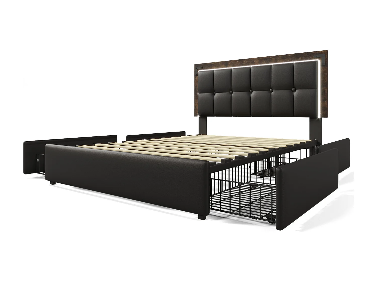Lit adulte 160x200 cm avec barre lumineuse LED et 4 tiroirs, tête de lit réglable - PU Noir (sans matelas)
