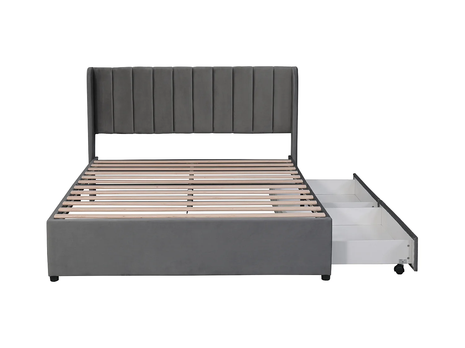 Lit adulte 140 x 200 cm en velours gris, avec sommier à lattes, tête de lit et 2 tiroirs(sans matelas)