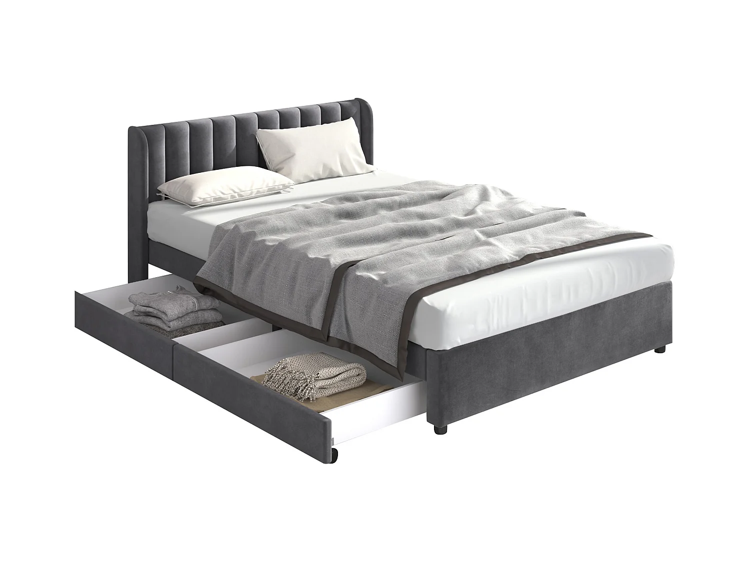 Lit adulte 140 x 200 cm en velours gris, avec sommier à lattes, tête de lit et 2 tiroirs(sans matelas)