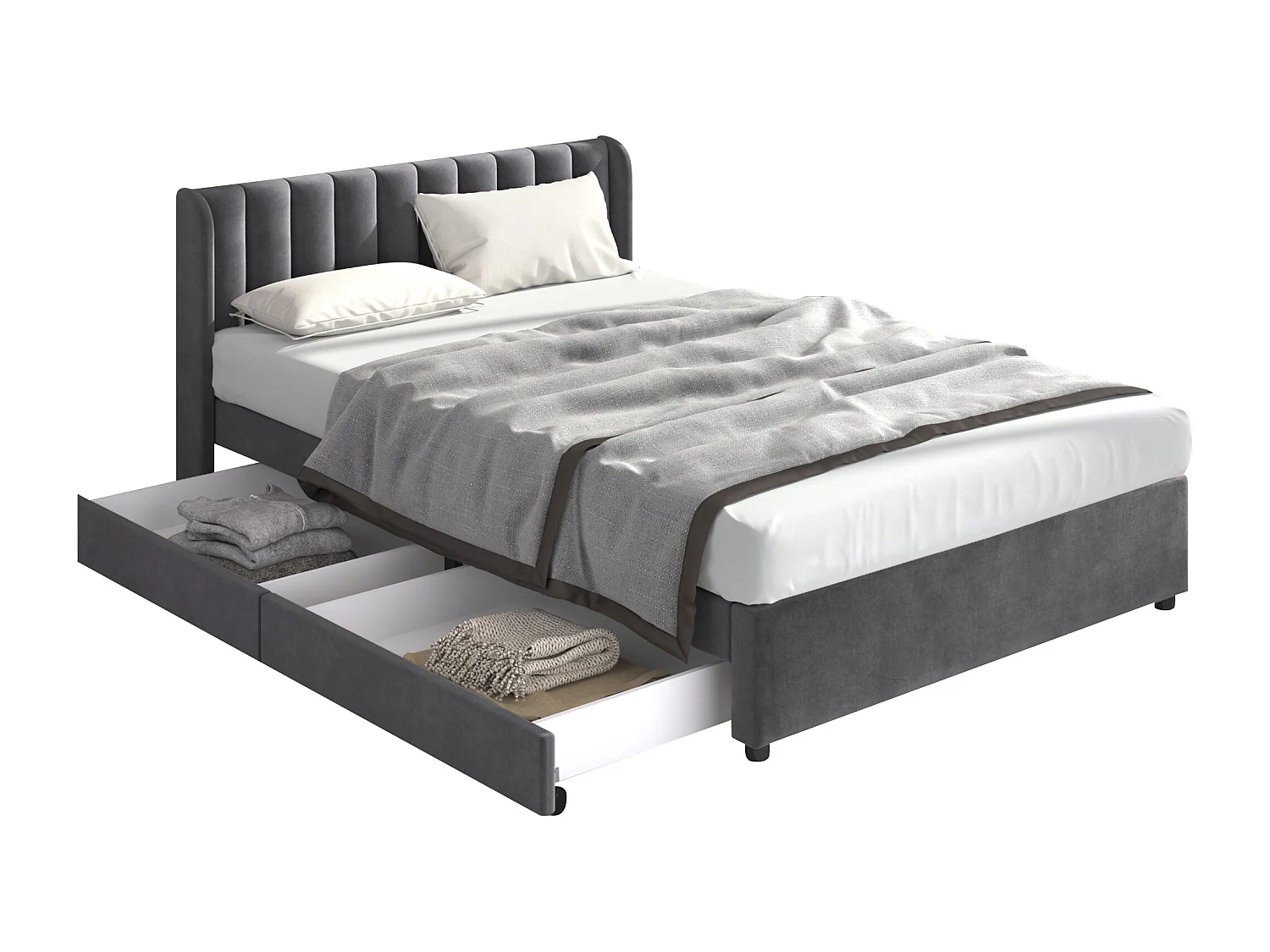 Lit adulte 140 x 200 cm en velours gris, avec sommier à lattes, tête de lit et 2 tiroirs(sans matelas)