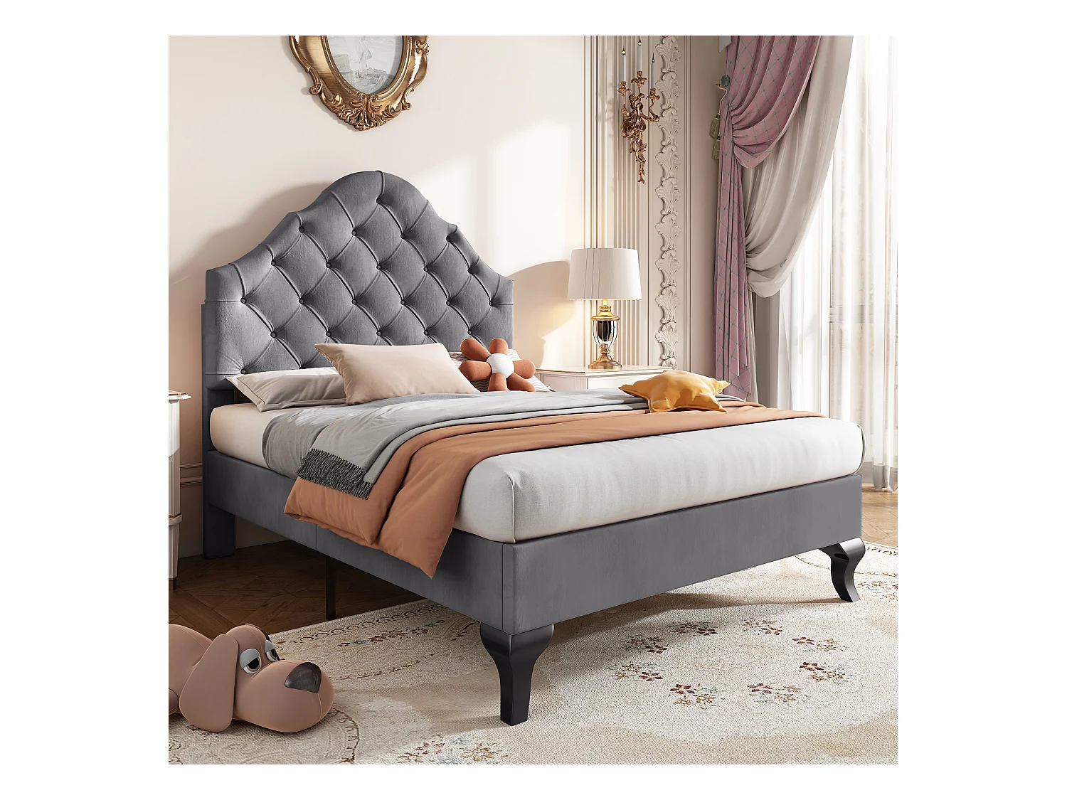 Cama individual 90x200 cm de terciopelo gris con cabecero ajustable – somier de láminas (sin colchón)