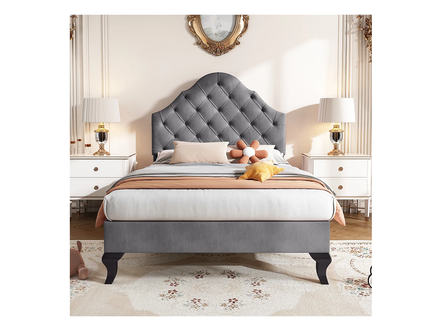 Cama individual 90x200 cm de terciopelo gris con cabecero ajustable – somier de láminas (sin colchón)