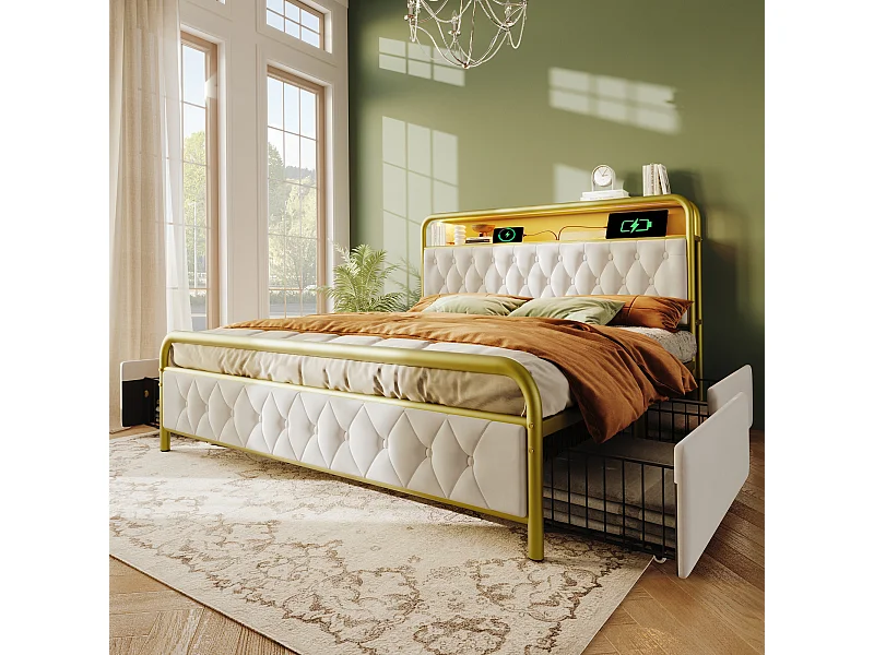 Lit adulte 160x200 cm en velours - Cadre métallique avec USB Type C, LED et 4 tiroirs (sans matelas)