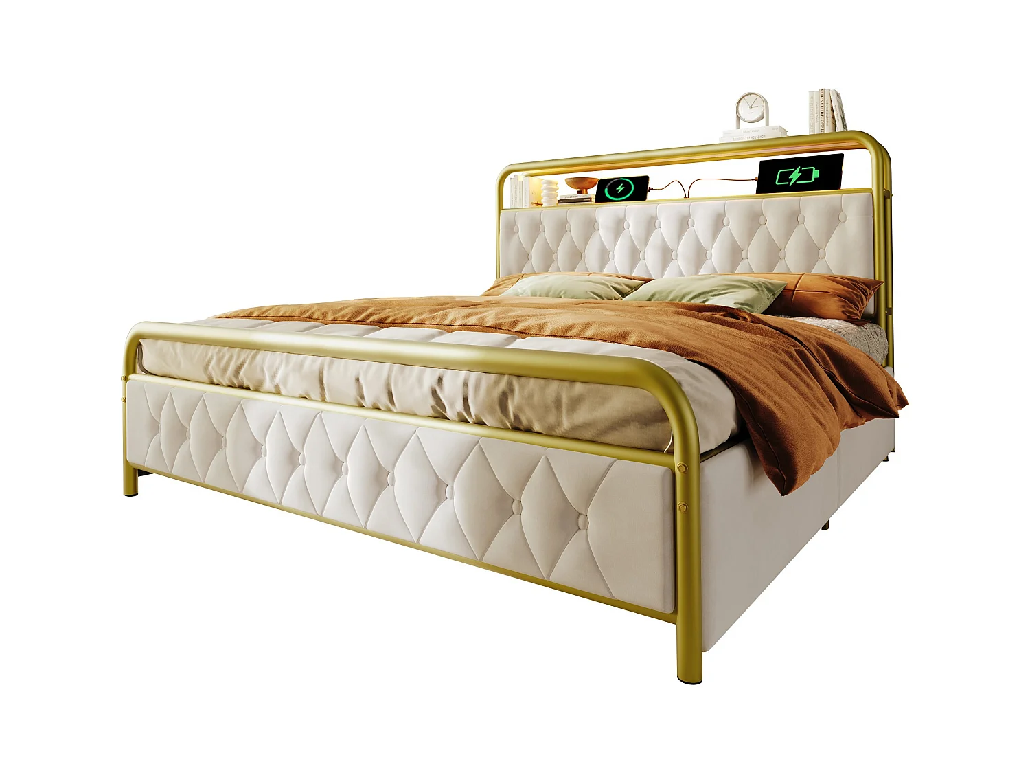 Lit adulte 160x200 cm en velours - Cadre métallique avec USB Type C, LED et 4 tiroirs (sans matelas)