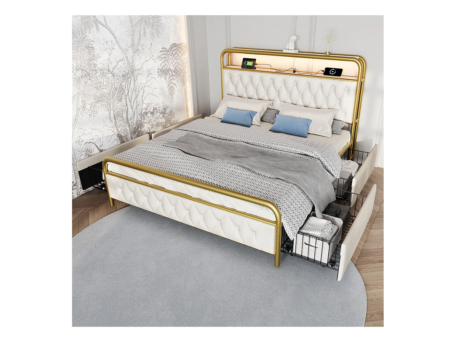 Lit adulte 160x200 cm en velours - Cadre métallique avec USB Type C, LED et 4 tiroirs (sans matelas)