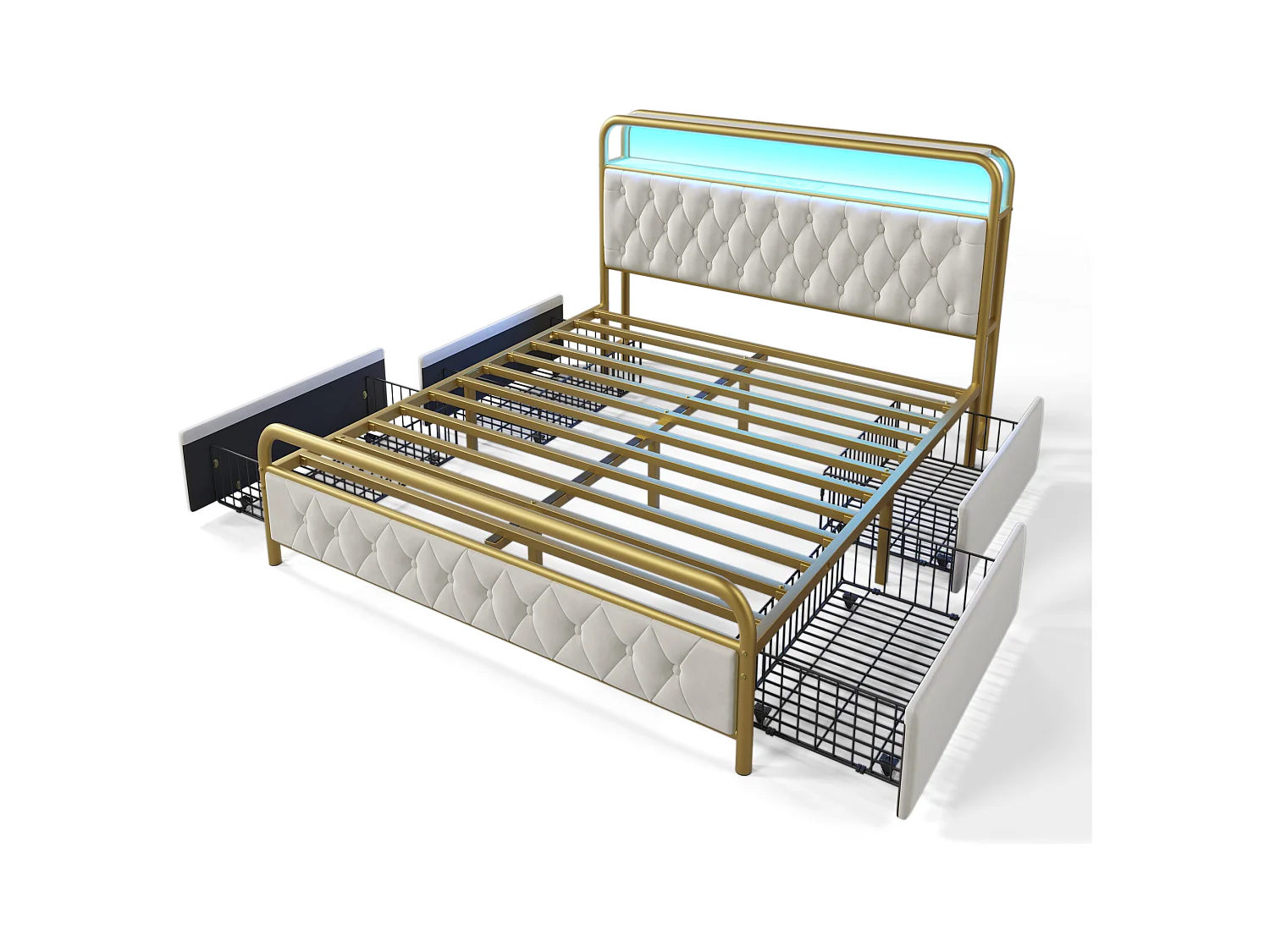 Lit adulte 160x200 cm en velours - Cadre métallique avec USB Type C, LED et 4 tiroirs (sans matelas)
