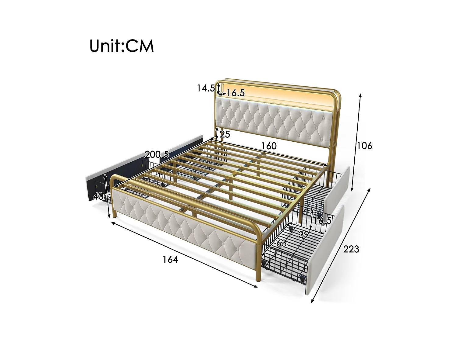Lit adulte 160x200 cm en velours - Cadre métallique avec USB Type C, LED et 4 tiroirs (sans matelas)
