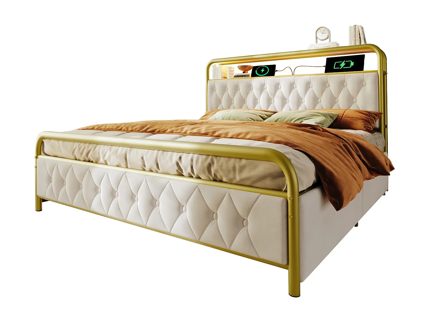Cama de casal 160x200 cm em veludo - Estrutura com USB Tipo C, LED e 4 gavetas (sem colchão)