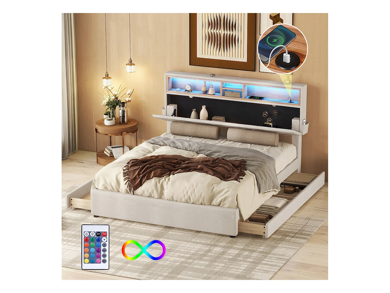 Lit adulte 140x200 cm avec USB, LED, tête de lit réglable et 4 tiroirs, en lin beige, sans matelas