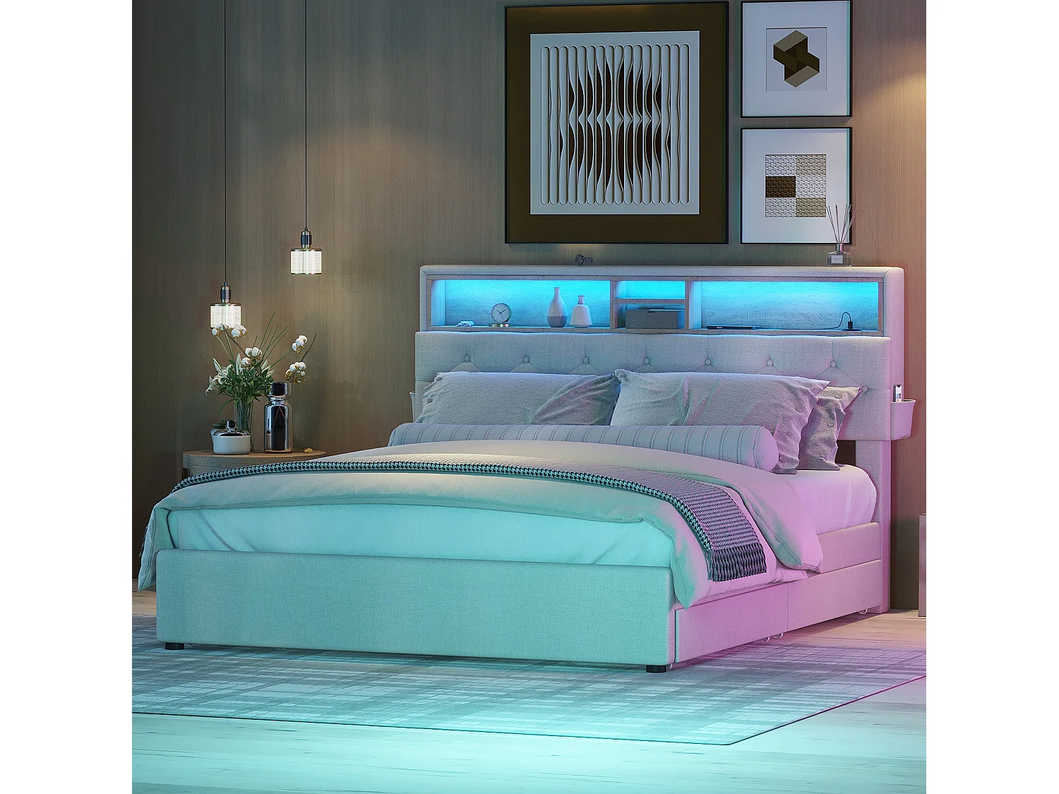 Letto matrimoniale 140x200 cm beige con USB, LED, testiera regolabile e 4 cassetti contenitori (senza materasso)