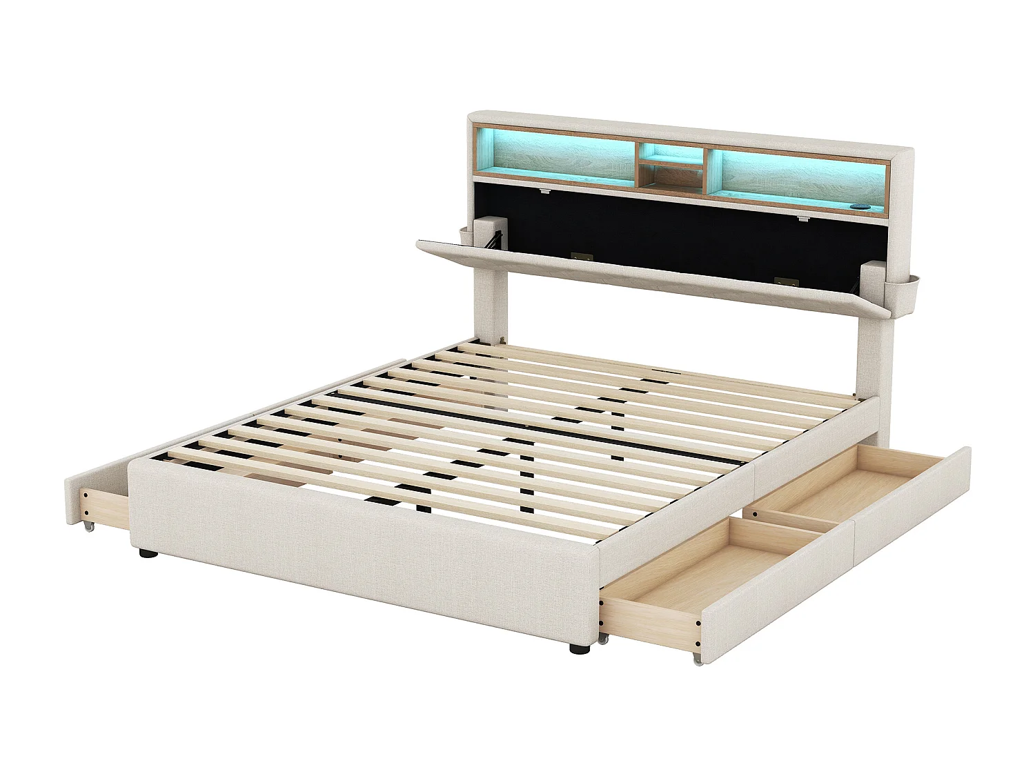 Letto matrimoniale 140x200 cm beige con USB, LED, testiera regolabile e 4 cassetti contenitori (senza materasso)