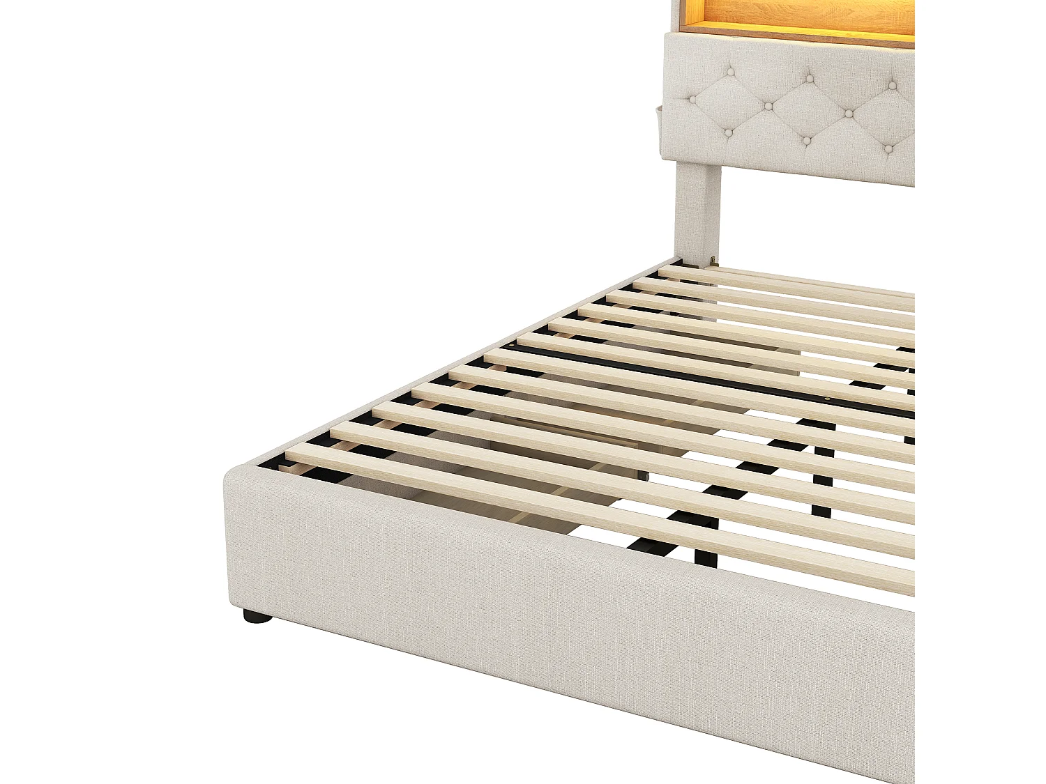 Letto matrimoniale 140x200 cm beige con USB, LED, testiera regolabile e 4 cassetti contenitori (senza materasso)