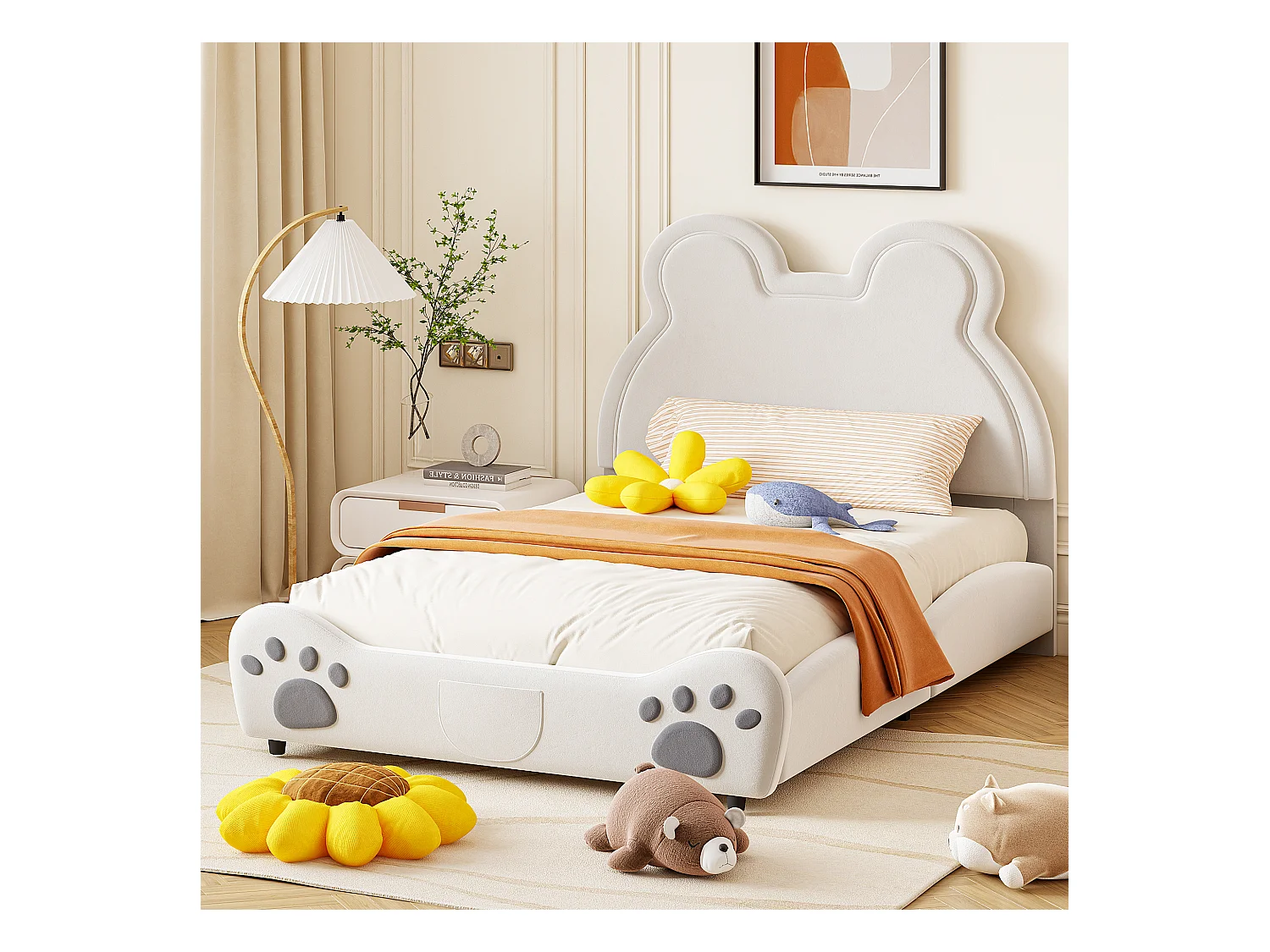 Lit adulte enfant 140x200 cm - Forme d'ours en velours blanc (matelas non fourni)